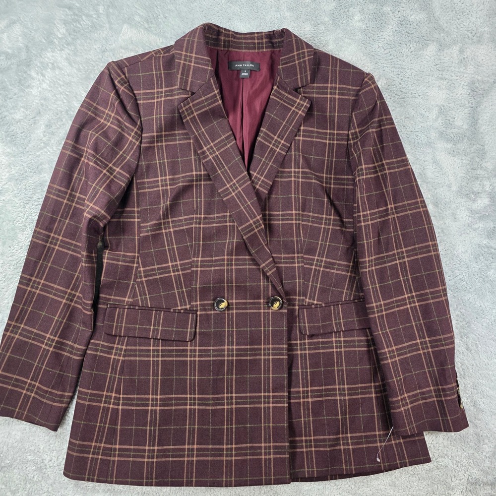 Ann Taylor Plaid Double Breasted Blazer Burgundy Size 8 Professional Jacket